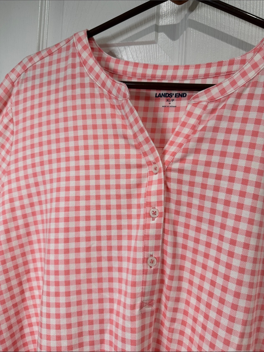 Lands' End Pink and White Gingham Henley - Picture 2 of 6